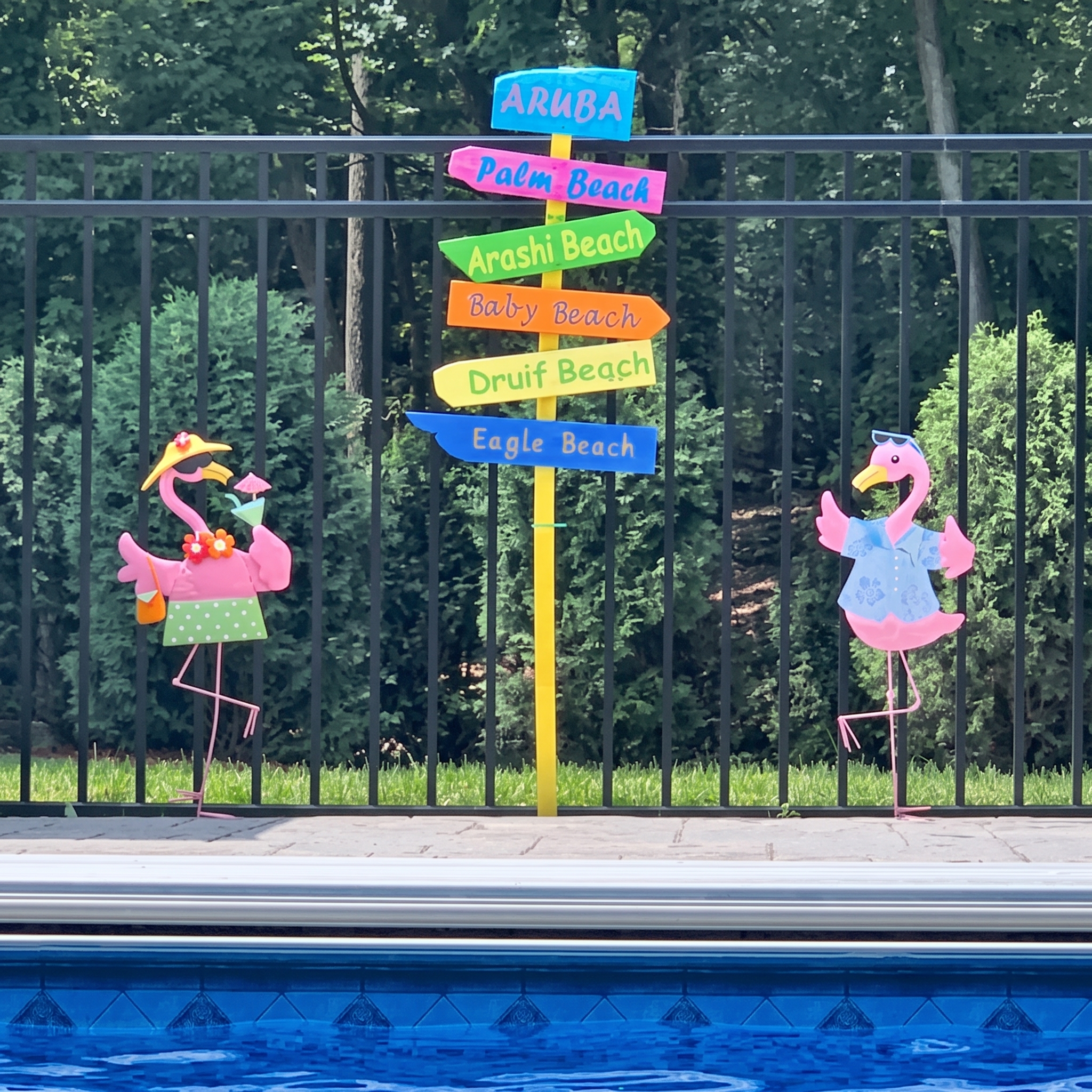 Aruba sign beside a pool with pink flamingo floats