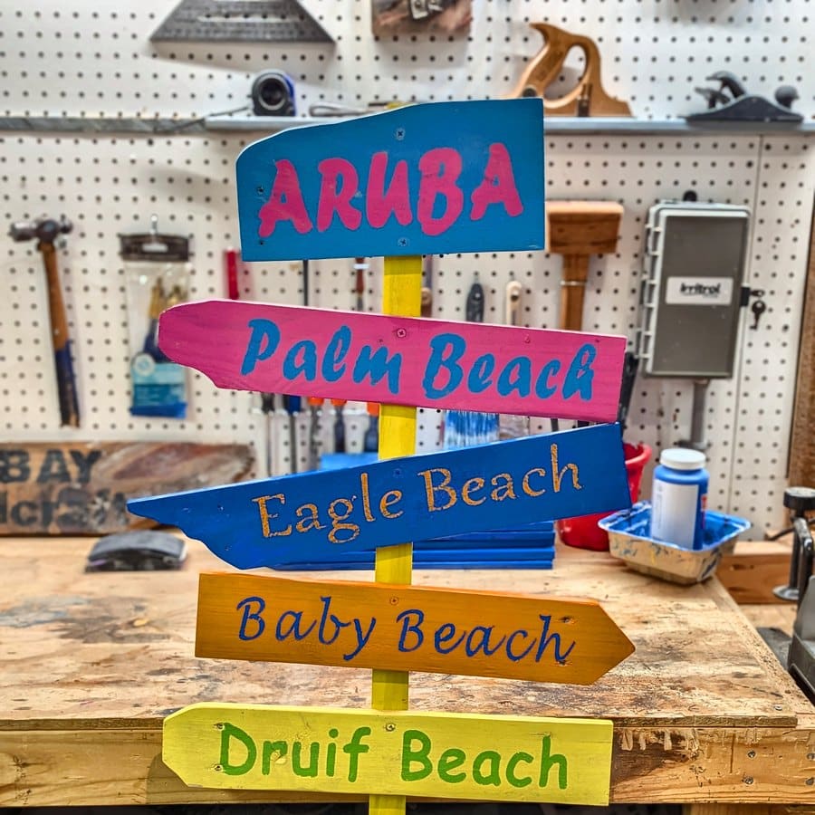 A finished Aruba sign assembled on the workbench