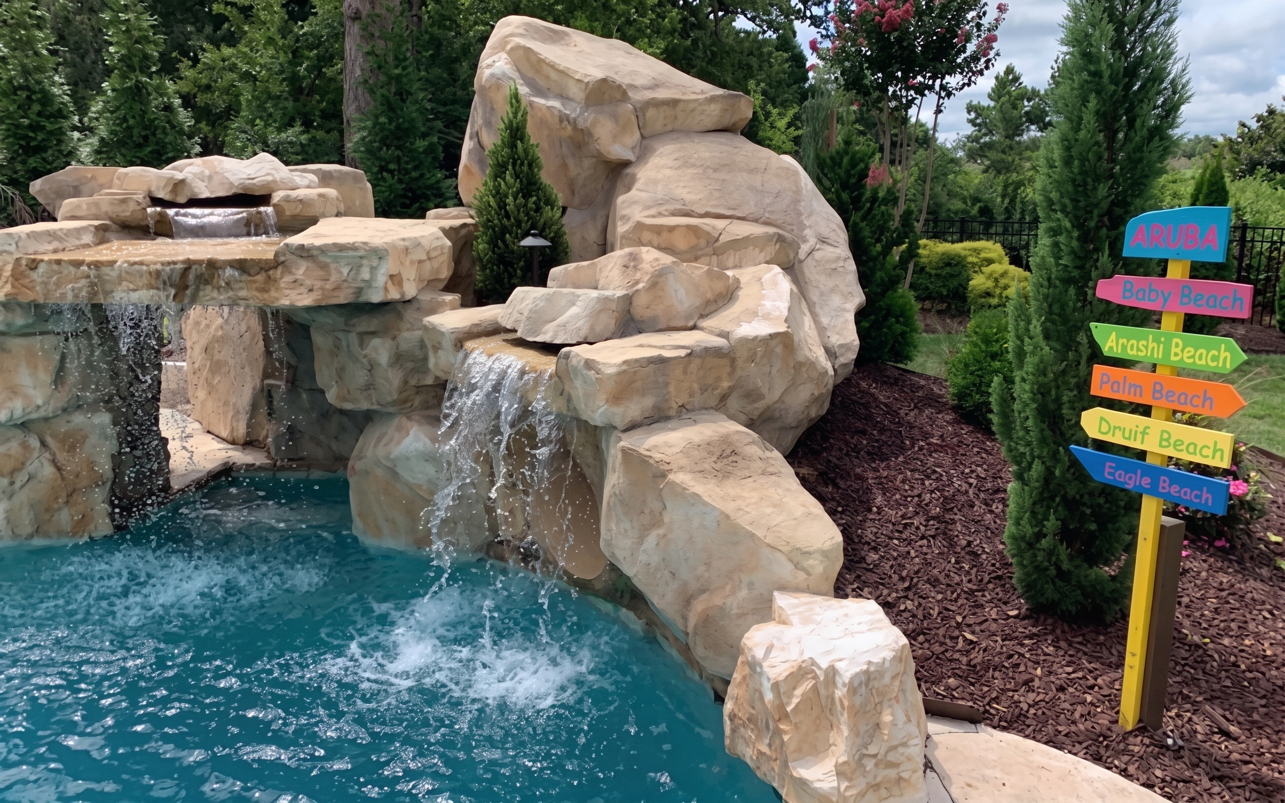 An Aruba sign standing beside a backyard pool with a rock waterfall